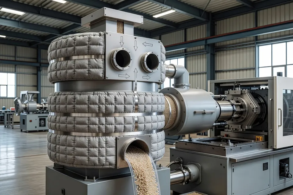 The dryer hopper is connected to both supply and return hoses - plascentral.com