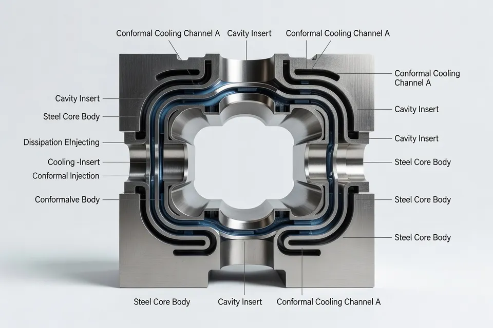 Conformal channels are distributed around the mold cavity and core sections - plascentral.com