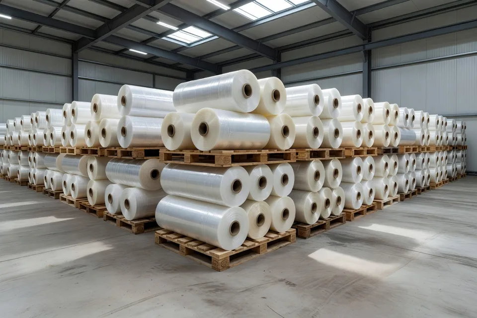 Imported commodity plastic film rolls at a European port - plascentral.com