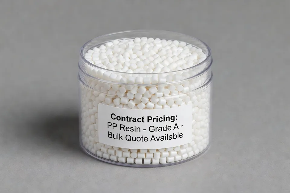 A sample of polypropylene resin pellets prepared for contract pricing reference purposes - plascentral.com
