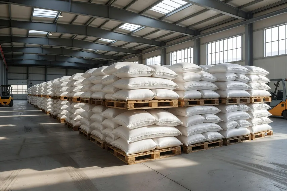 Bolsas de resina apiladas en un almacén de distribución europeo - plascentral.com