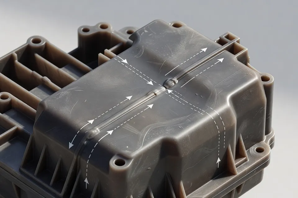 Gros plan de la ligne de soudure sur une pièce en plastique moulée par injection - plascentral.com