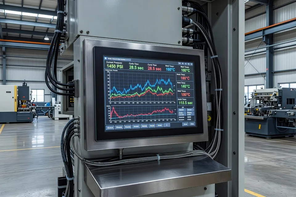 Screen displaying real-time pressure curve on a molding press - plascentral.com