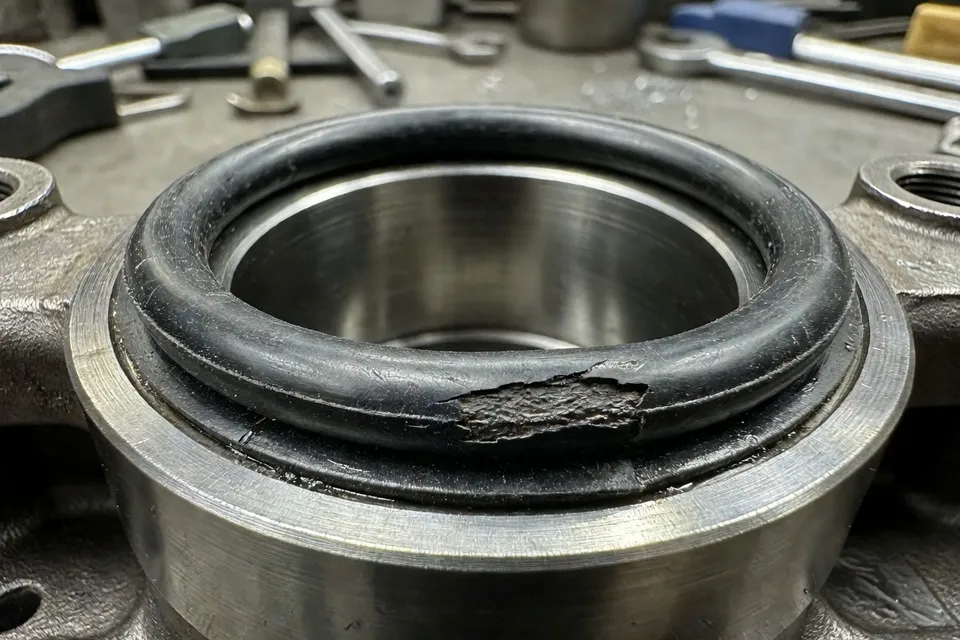 Fractured O-ring showing tear progression from misalignment - plascentral.com