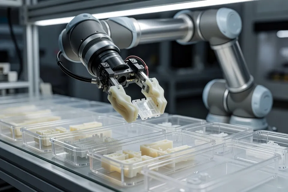 Cobot asistiendo en el embalaje de componentes plásticos - plascentral.com