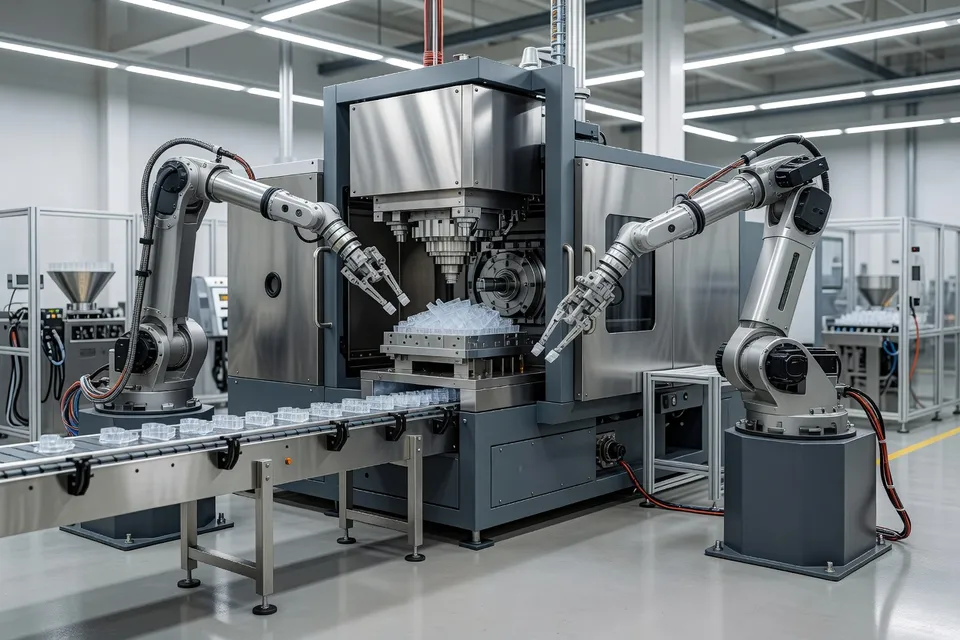 Operator supervising automated injection molding production cell - plascentral.com