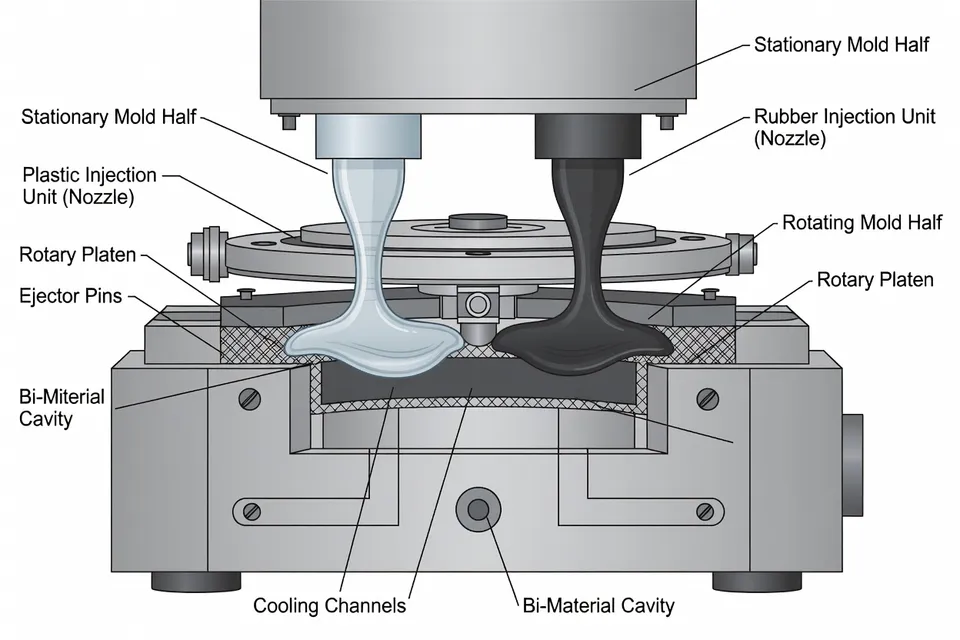 Rotary bi-material mold sequentially injecting plastic and rubber - plascentral.com