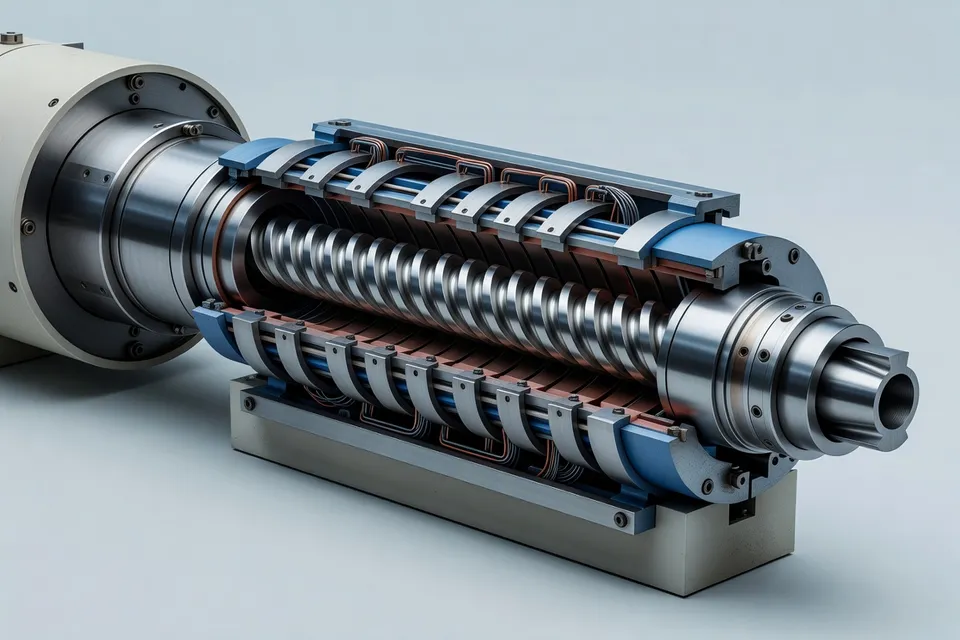 Close-up view of the processing section on an injection molding machine - plascentral.com