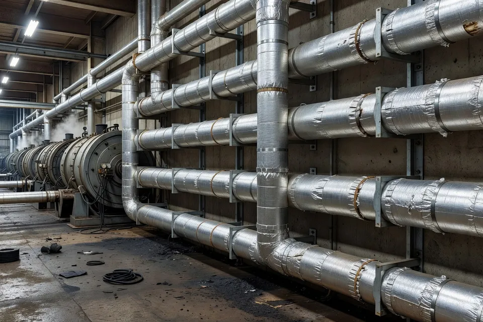 Tubería de vapor aislada en planta de fabricación de neumáticos - plascentral.com