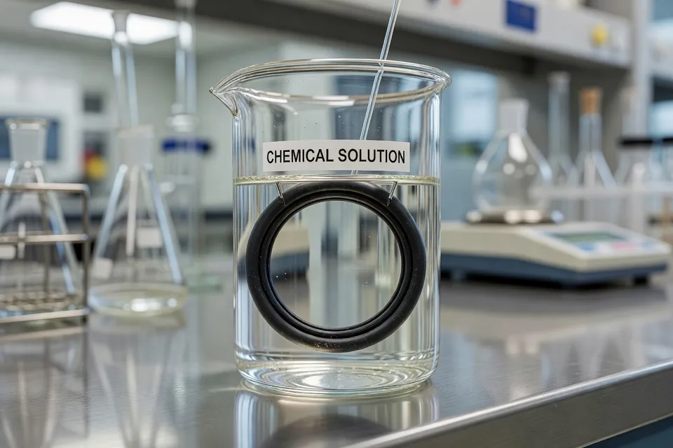 Rubber seal undergoing chemical compatibility test - plascentral.com