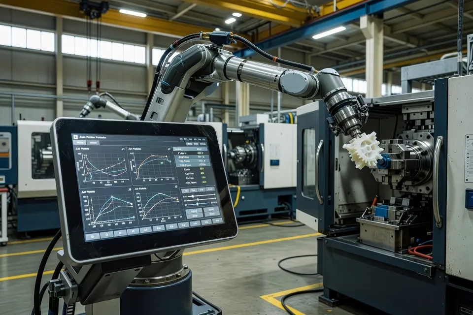 Operator using handheld pendant to program multiple robot axes - plascentral.com