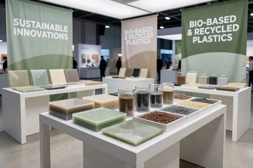 Exhibition floor showcasing sustainable plastics materials - plascentral.com