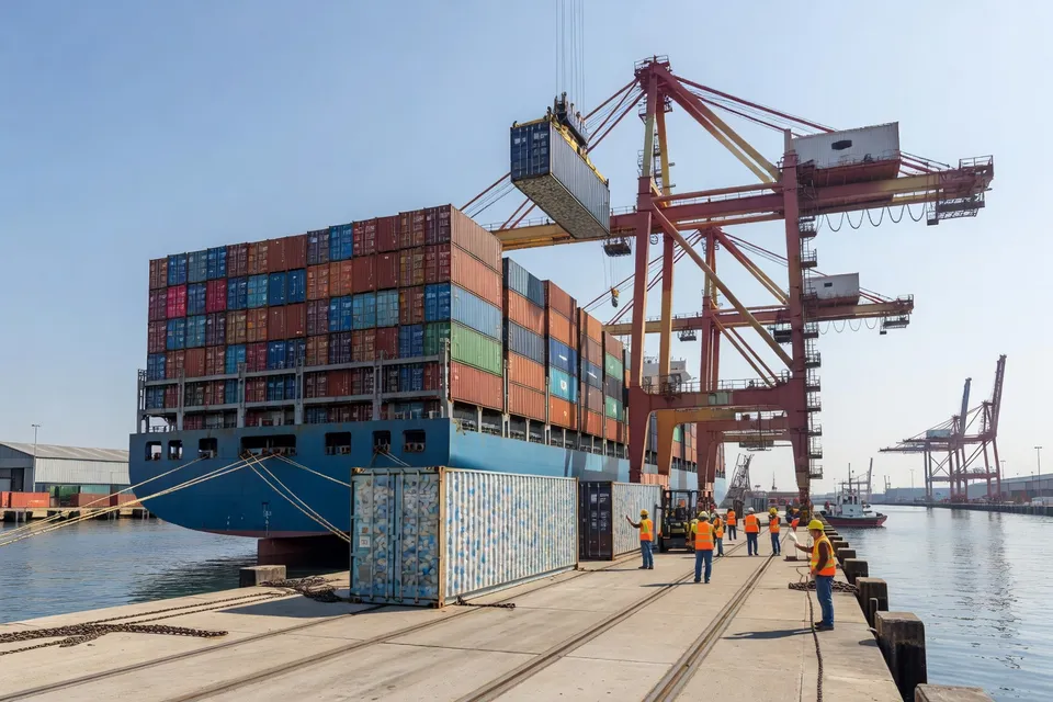 Container ship unloading cargo at a US port - plascentral.com