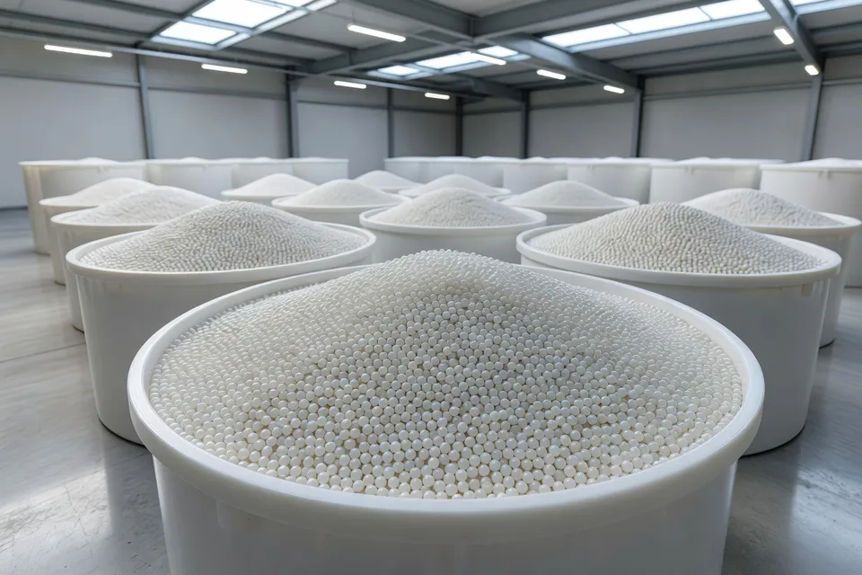 Pellets de resina de polietileno esperando procesamiento y envío - plascentral.com