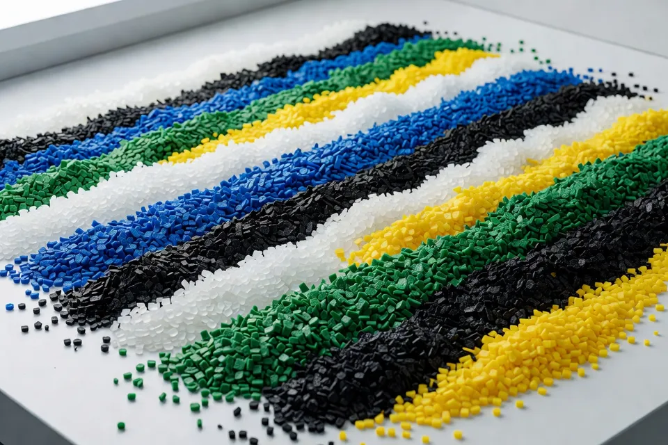 Close-up of plastic regrind chips being examined during a quality check procedure - plascentral.com