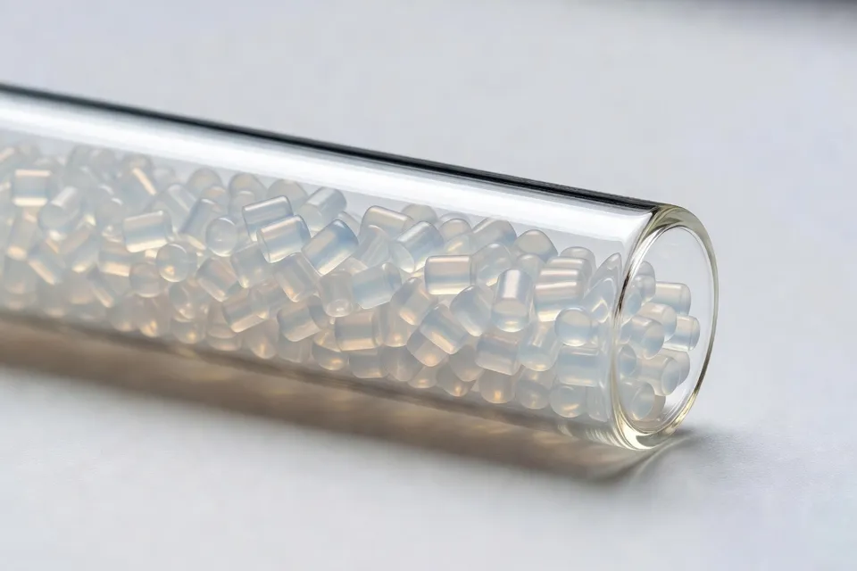 Close-up of a single liquid crystal polymer resin pellet sample - plascentral.com