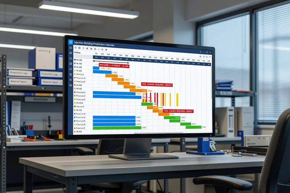 Software interface showing injection molding job scheduling - plascentral.com