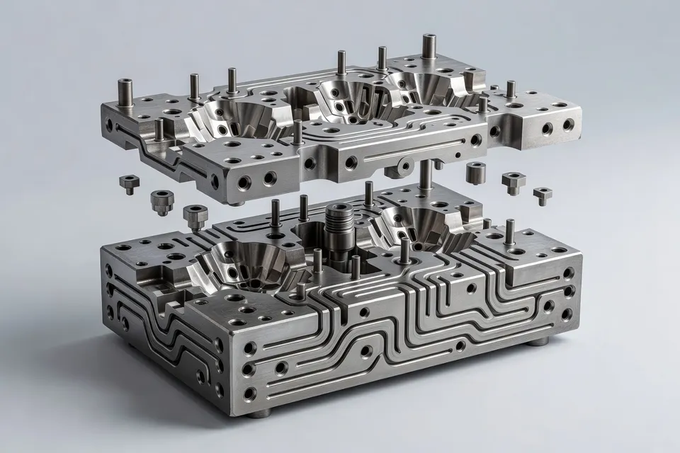 Detailed 3D mold layout showing cooling channels and cores - plascentral.com