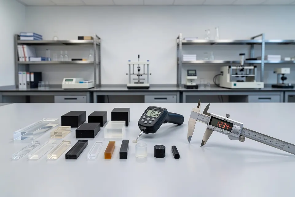 Polymer samples and equipment arranged on a laboratory bench for material testing - plascentral.com