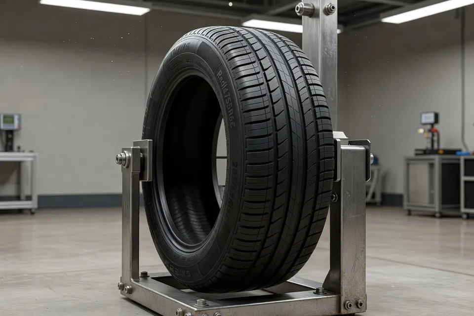Technicien examinant des pneus en caoutchouc automobiles lors d'une inspection qualité sur le plancher de l'atelier - plascentral.com