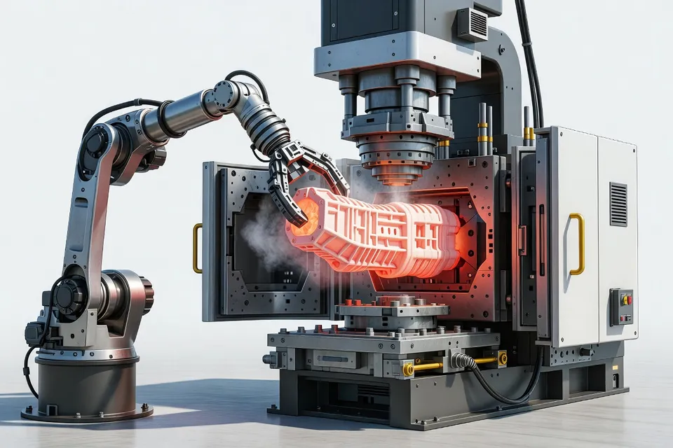 Robot extrayant une pièce moulée chaude de la presse à injection - plascentral.com