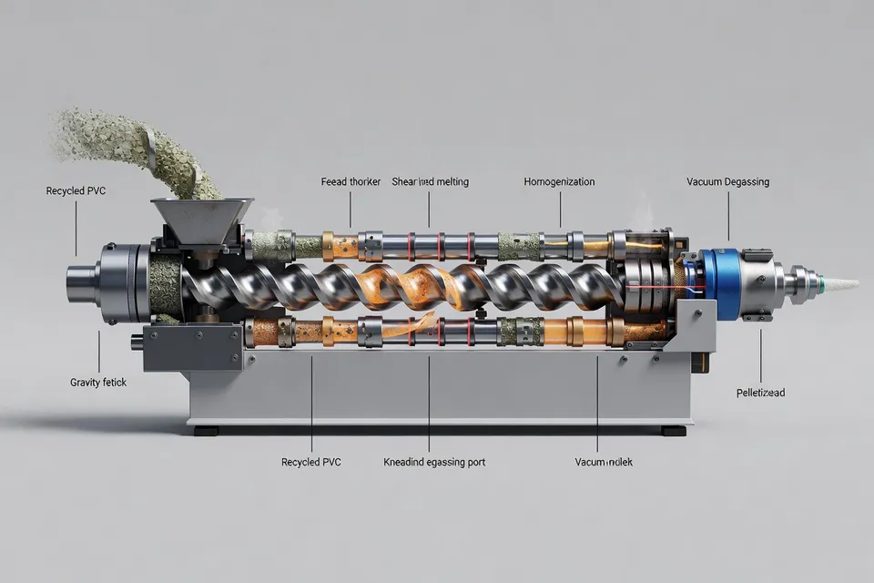 Twin-screw extruder processing recycled PVC material - plascentral.com