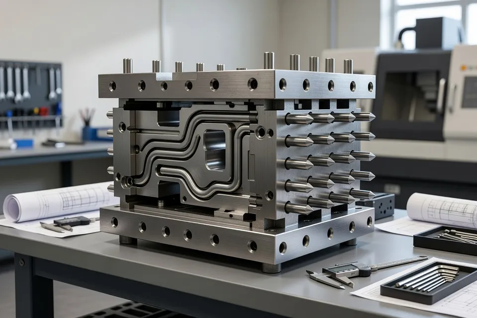 Technician examining an injection mold during tool qualification - plascentral.com