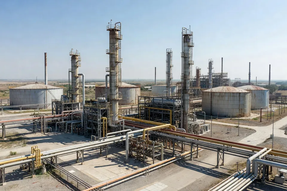 Vista exterior de planta de procesamiento de materia prima química con tanques de almacenamiento y tuberías - plascentral.com