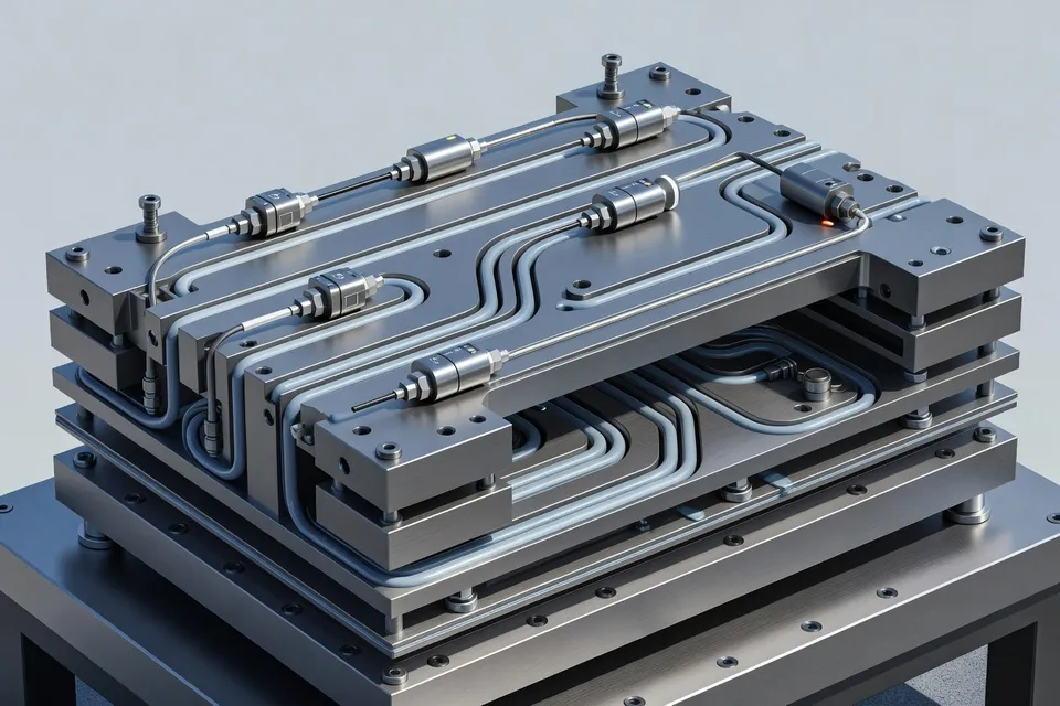 Mold cooling circuit with integrated flow and temperature sensors - plascentral.com