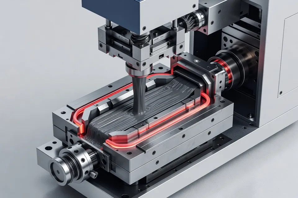 Closed heated mold positioned during rubber injection filling process - plascentral.com