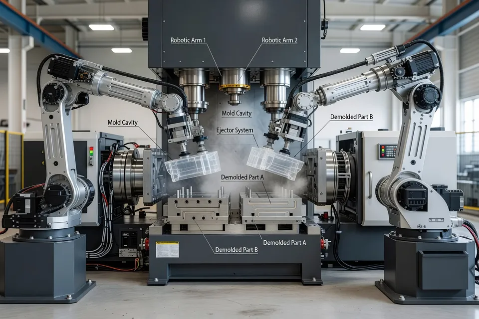 Twin linear robots performing parallel demolding on injection press - plascentral.com