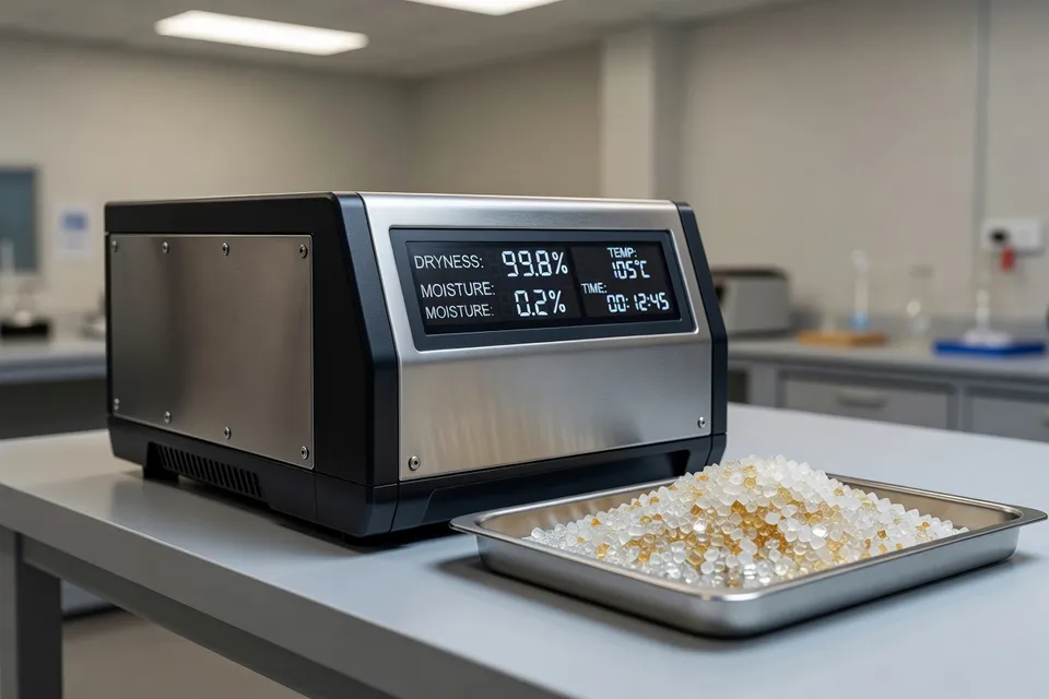 Moisture analyzer verifying the dryness level of plastic resin samples - plascentral.com
