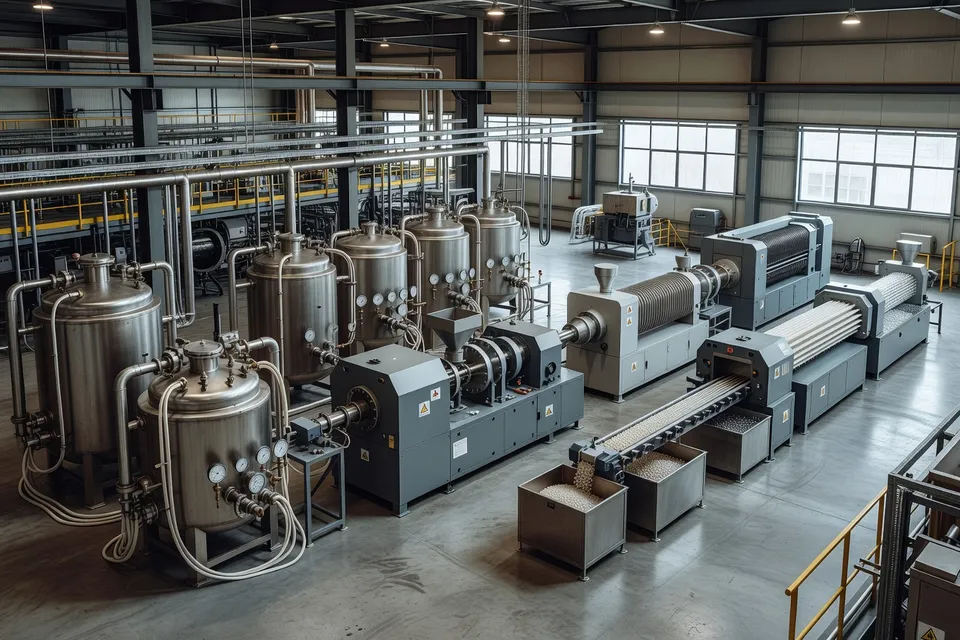 Vista interior de una instalación de fabricación de PVC con equipos de procesamiento y almacenamiento de materiales - plascentral.com