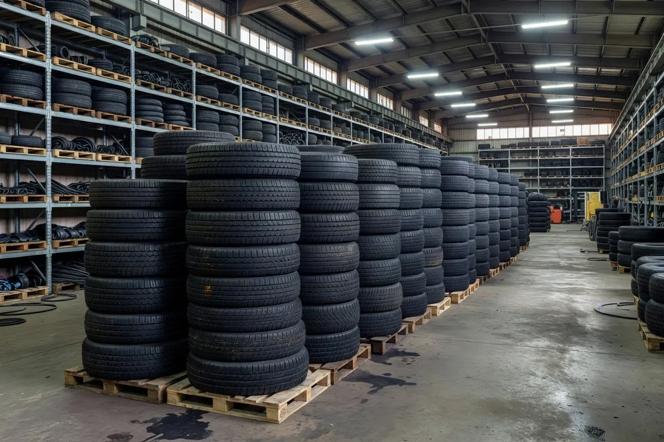 Tyres stored in a European distribution warehouse - plascentral.com