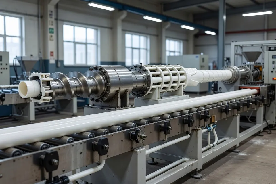 PVC extrusion equipment operates with hoppers and control screens visible during material processing - plascentral.com