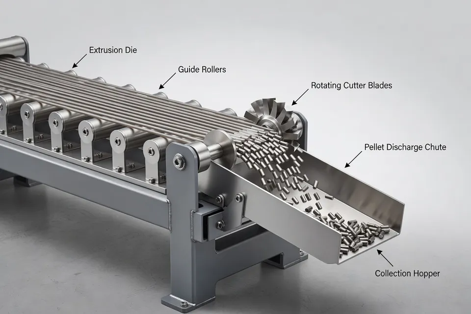 Strand pelletizer cutting continuous polymer strands into uniform pellets - plascentral.com