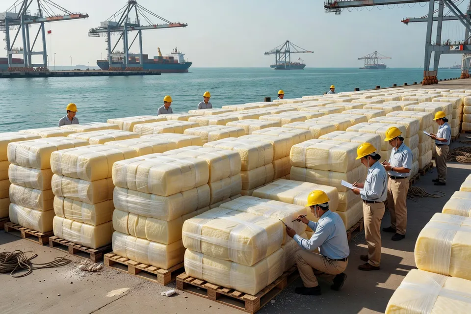 Traders examining rubber sheets at Qingdao market - plascentral.com