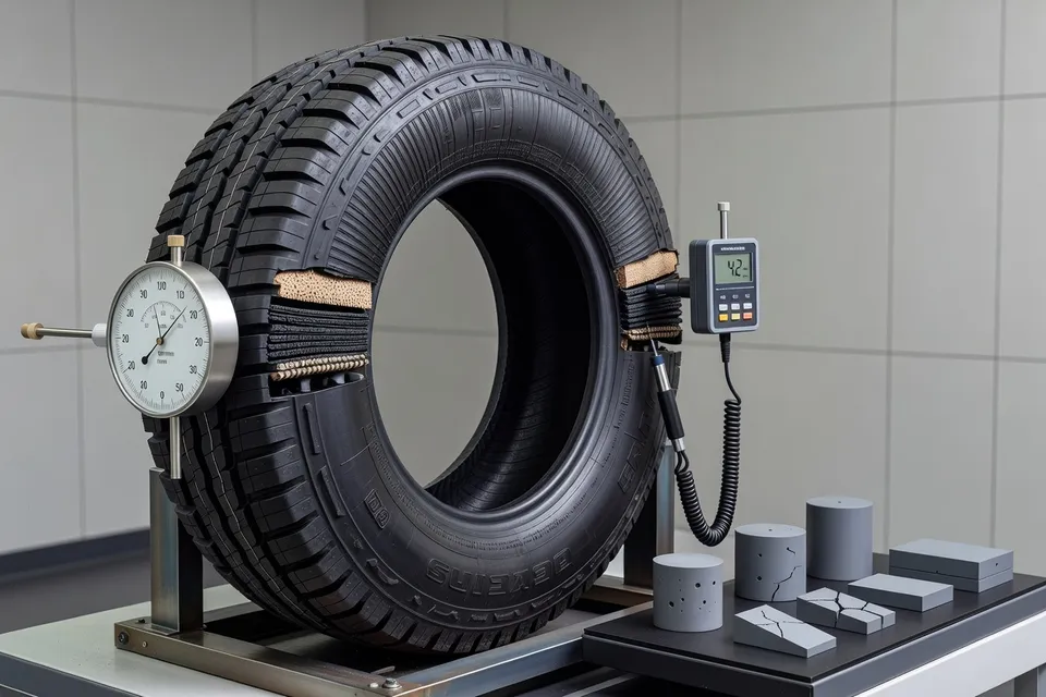 Technician inspecting finished rubber tires for quality - plascentral.com