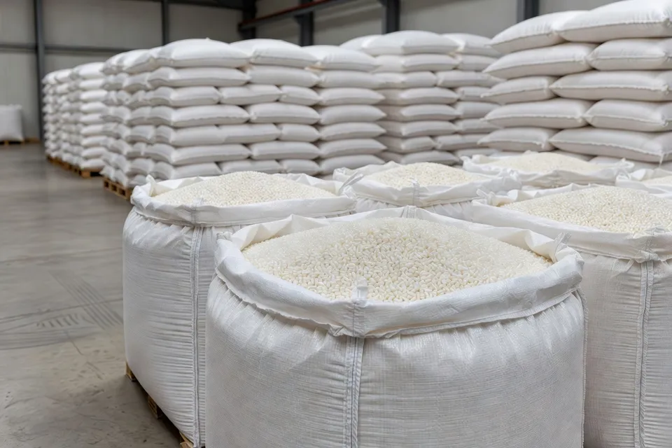 Polymer pellets stored in bulk bags at a European warehouse - plascentral.com
