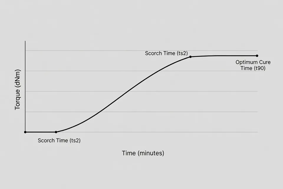 Rheometer displaying rubber cure curve data on its screen - plascentral.com