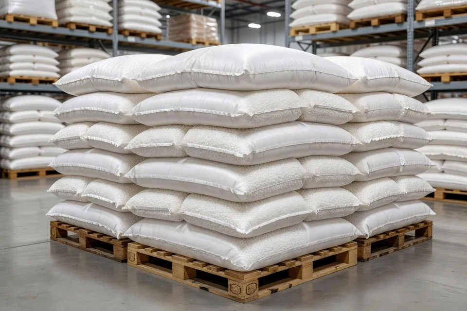 Polypropylene resin pellets stored in warehouse bags - plascentral.com