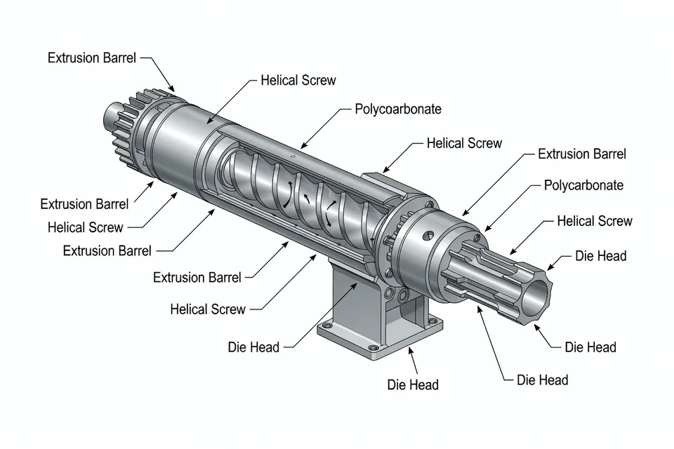 Detailed view of machinery on a polycarbonate production line - plascentral.com