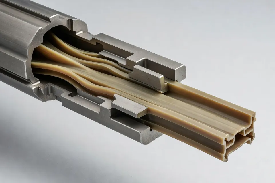 Close-up of rubber extrusion die during processing - plascentral.com
