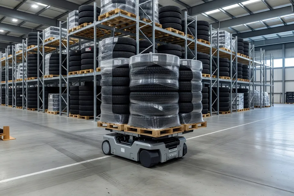 AMR déplaçant des palettes de pneus stabilisés à travers le centre de distribution - plascentral.com
