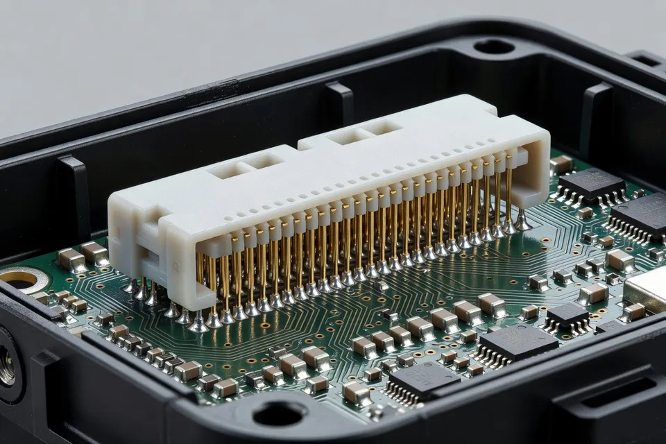 View of a finished electronic connector molded from liquid crystal polymer - plascentral.com