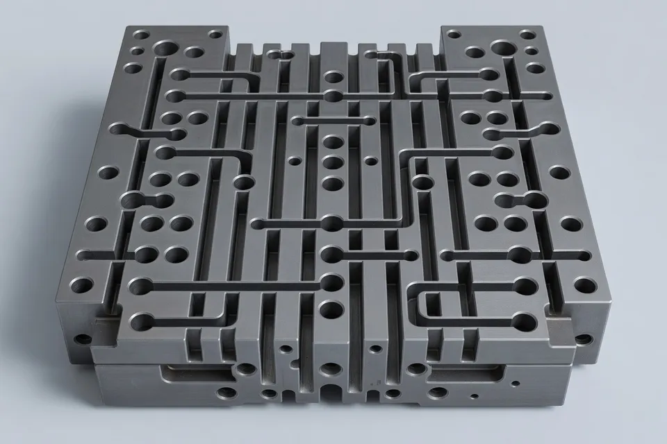 Several cooling channels are visible inside the injection mold tool - plascentral.com